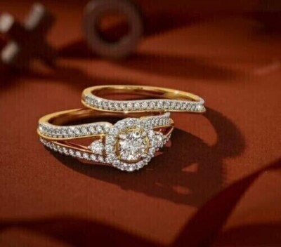 Round Cut Lab Created Diamond Engagement Bridal 14Ct Yellow Gold Finish  Ring Set