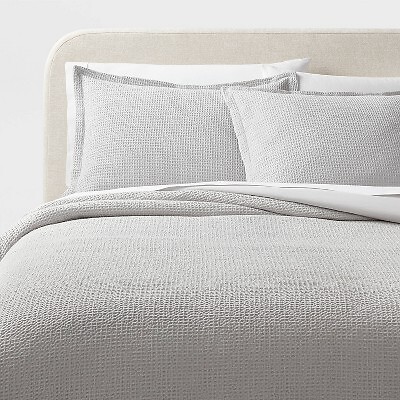 King Washed Waffle Weave Duvet Cover and Sham Set Light Gray -