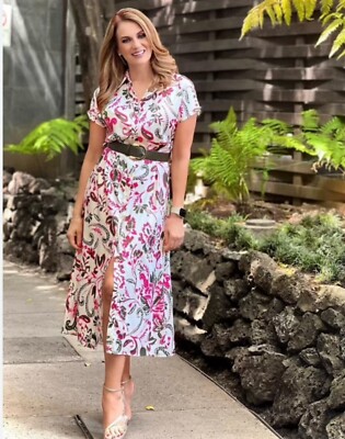 Zara M Satin Belted Print Midi Long Sleeve Collared Shirt Dress