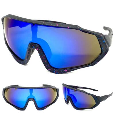 Übergröße Retro Sportlich Umwickeln Shield Sonnenbrille Groß Schwarz Blau Linse
