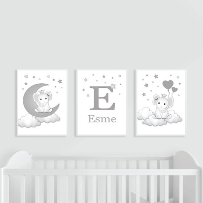 Elefant Kinderzimmer Drucke 3er Set, grau, einfarbig, personalisiert Mond und Sterne