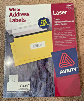Avery White Address Laser Printer Labels 5560 135 Sheets 4050 Labels NEW-IN-BOX