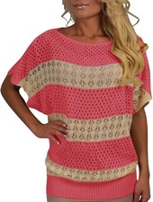 Vintage Bohemian Paradise Crochet Striped Top (Small/Medium, Coral)