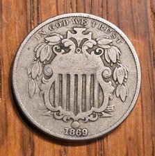 1869 United States 5 Cent Shield Nickel No Rays, Draped Garland Above Shield 