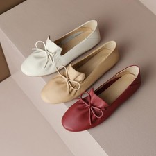 Women's 100 Soft Real Leather Slip on Loafers Shoes Retro Flats Bowknot Comfort