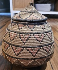 Vintage Large Handwoven Traditional Zulu South African Basket Lidded 10in Tall