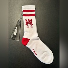 Amiri White RED M.A. LOGO Crew Ribbed Socks Size 43-44 Size 10-11 NEW