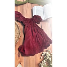 Womens Burgundy Smocked Babydoll Milkmaid Dress Sz S Coquette Romantic Costume