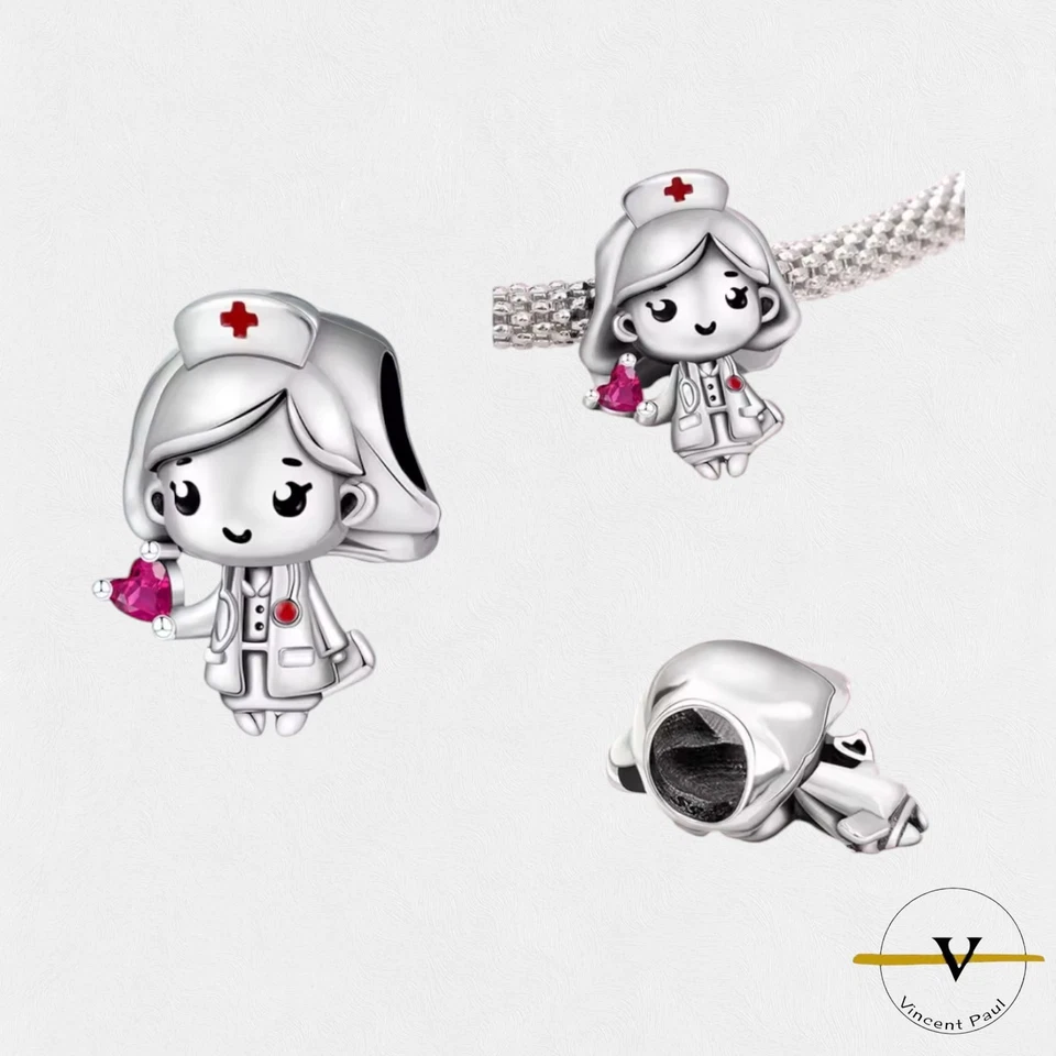 CHARM DONNA INFERMIERA ARGENTO 925 ZIRCONE ROSSO BRACCIALE BRACCIALETTO - Immagine 4 di 4