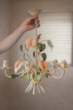 Vintage Floral Toleware Chandelier Anthurium 5 Arm Cream Metal Ceiling Light