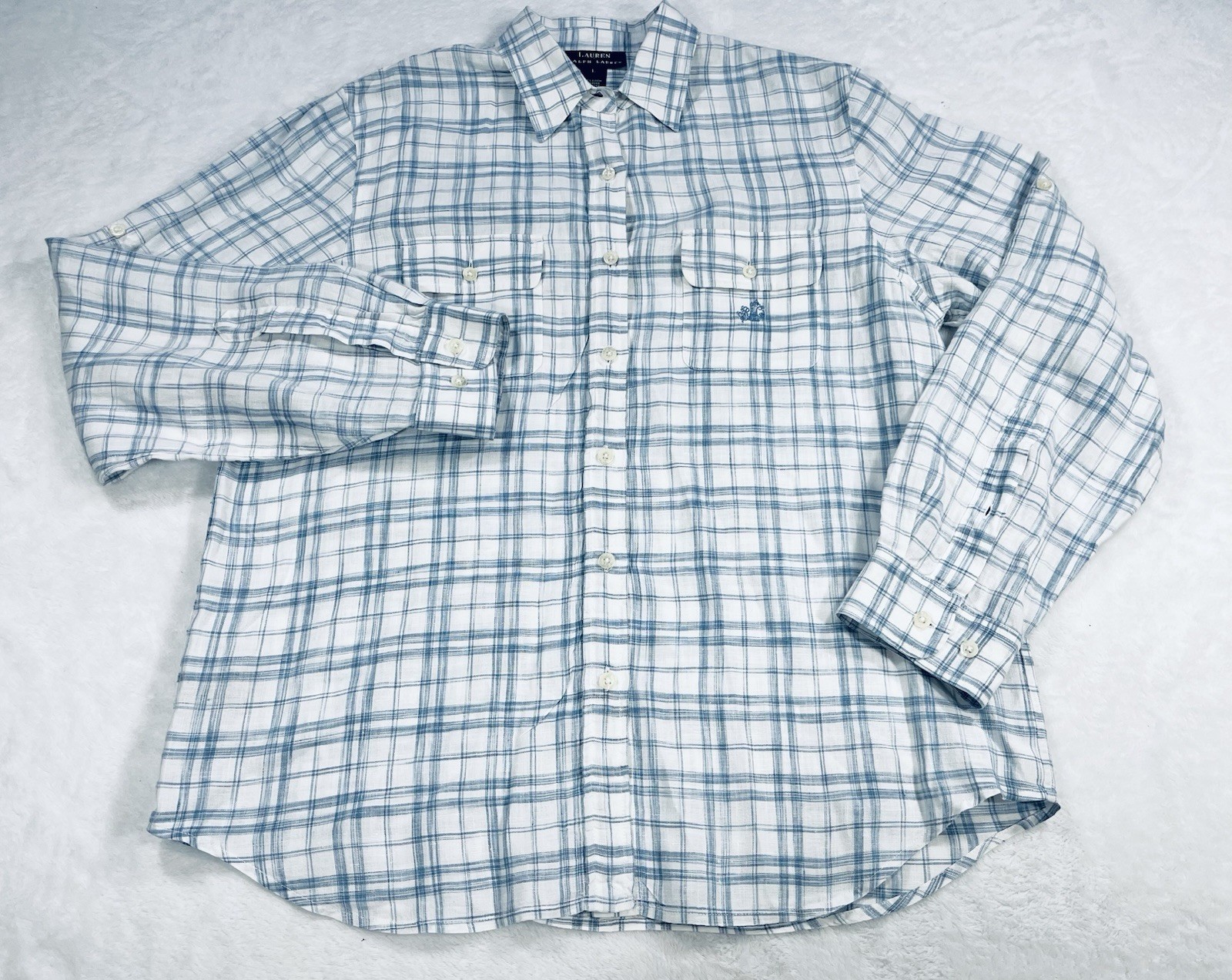 Lauren Ralph Lauren 100% Linen Shirt Womens L Blue Check Button Up Long ...