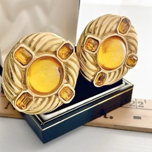 Escada Vintage Clip On Earrings Egg Yolk Jelly Cabochon Couture Amber Rhinestone