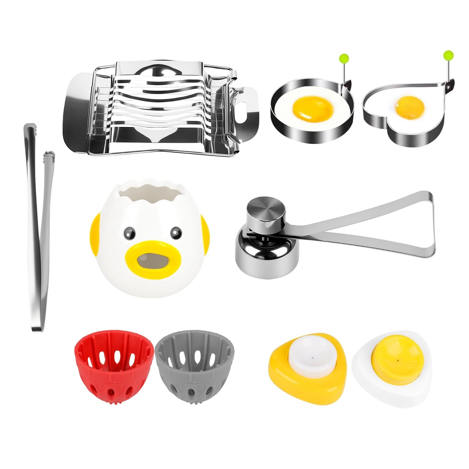 10-in-1 Egg Tool Set:1 Chalaza Remover Tongs,2 Piercers,2 Fry Rings,2 Brush C...