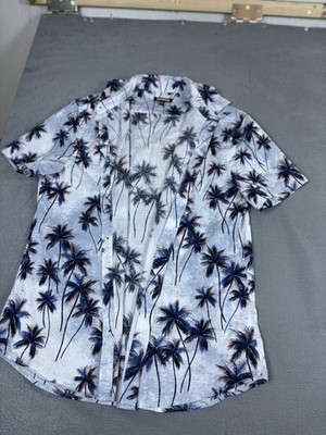 Express Men s Hawaiian Palm Tree Button Shirt Size S Blue White Cotton 