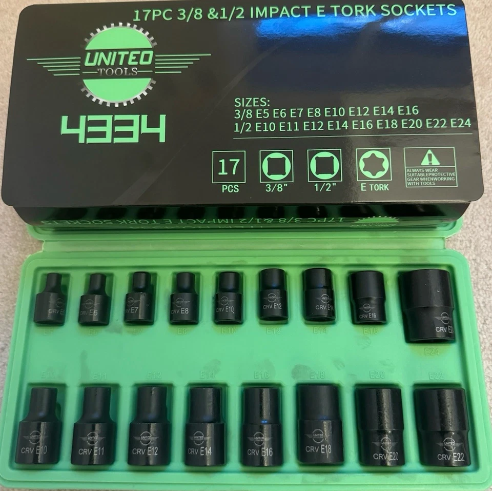 United Tools 17pc 3/8" & 1/2" dr IMPACT FEMALE E-Torx Socket Set E5 to E24 Hex - Image 3 of 4