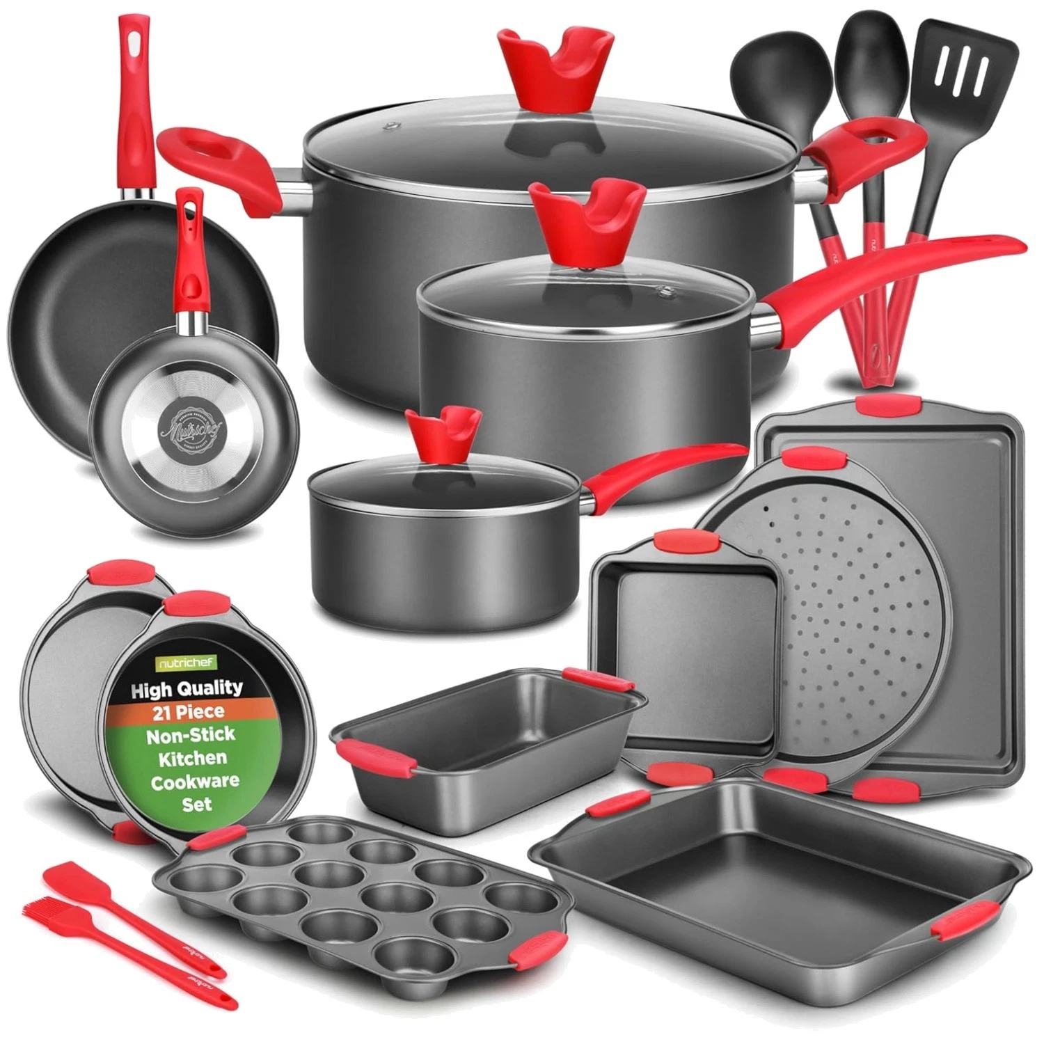 Nonstick Cooking Set - Cool-Touch Handles, Transparent Lids