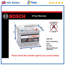 Car Battery S5001 Bosch 063 520A 52Ah 5Yr Warranty 207x175x175