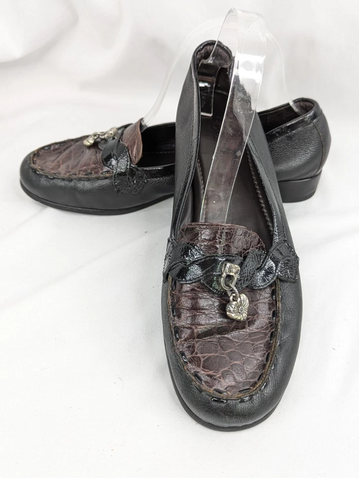 Mocasines Brighton R8580 Negro Marrón Cuero Cocodrilo Repujado Charol Damas Talla 10 M Foto 2 de 4
