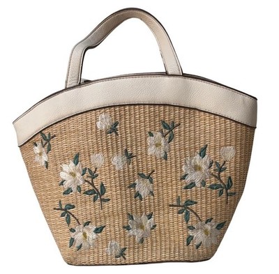 PRP PRATER JAMES Woven Straw Tote Bag Floral Embroidered White Leather Trim