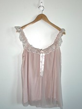 Womens M Y2K Babydoll Top Pink Coquette Lace Trim Flowy Satin Bow Mesh Fairy