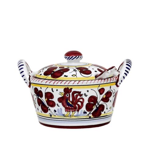 Bowl With Spoon ORVIETO ROOSTER Deruta Majolica Red Ceramic Handmade Dishwasher