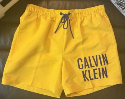 Calvin Klein Men's Yellow and Blue Swim Shorts with Pockets Size Medium NWT Rare