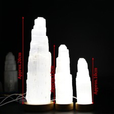 6-15cm Selenite Crystal Tower Point Lamp Natural Healing Light W/ LED Base Stand