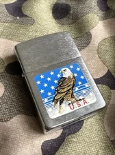 1995 Vintage Zippo Lighter - American Eagle USA Flag Chrome with Box
