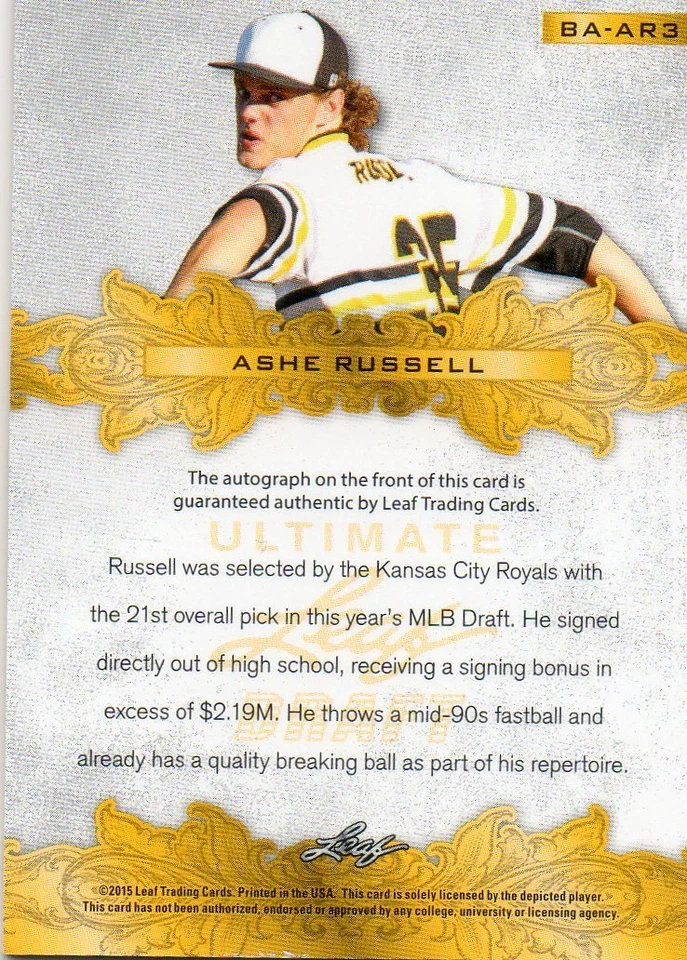 ASHE RUSSELL 2015 LEAF ULTIMATE DRAFT RED FOIL ON CARD AUTO CARD # BA-AR3 4/5 - Image 2 of 2