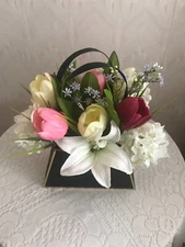 Bouquet Of Real Touch Tulips In Florist Handbag Box
