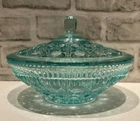 Vintage Windsor Covered Candy Nut Dish Blue Indiana Glass Button & Cane Pattern