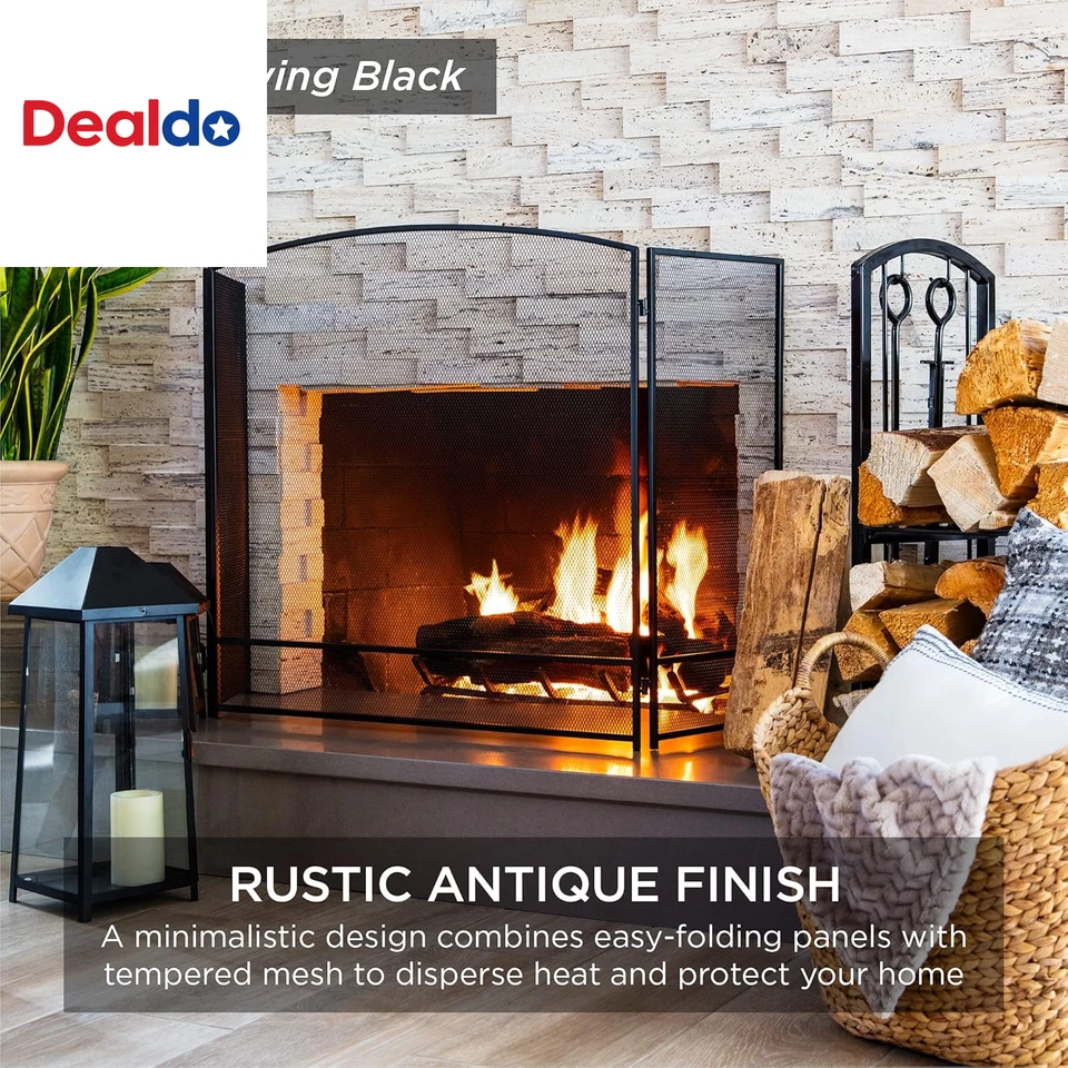 Pantalla de chimenea de malla de acero simple de 3 paneles 47,5 X 27,25 pulgadas, rejilla protectora contra chispas contra incendios Foto 2 de 4