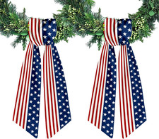 2Pcs Patriotic Wreath Sash for Front Door Red White Stripe Wreath Satin Sash Sta