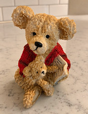 Hand Painted Resin Teddy Bear Figurine Beige/Red w/ Book Small 5in H 4in L