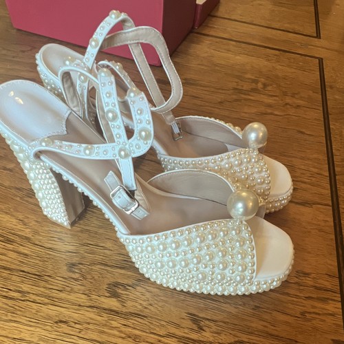 NWB Pearl Embellished Platform Bridal Sandals Block Heel Wedding Shoes Sz 42