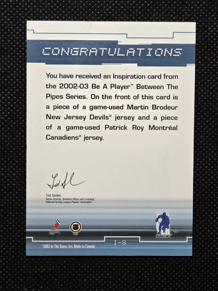 2002-03 BAP Between The Pipes PATRICK ROY MARTIN BRODEUR Inspiration Dual Jersey - Image 2 of 4