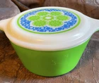 Vintage Pyrex Crazy Quilt 1 Quart Green Blue Casserole Dish with Lid