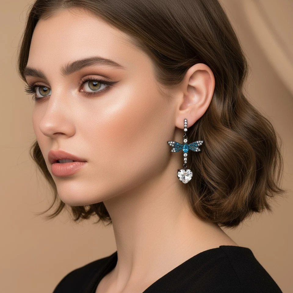 Betsey Johnson CZ & Butterfly Double Mismatch Drop Earrings Perfect Gift - Image 3 of 4