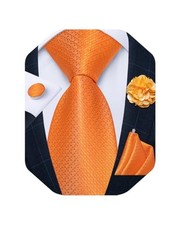 Mens Tie and Lapel Pin Set Silk Plaid Solid Paisley Necktie  Pocket Orange