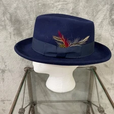Hats in the Belfry  Fedora Hat w  Feather Navy Blue 100% Wool Felt Men’s M/21.5”