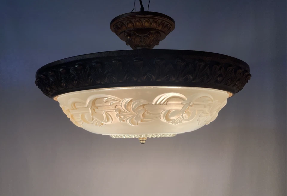 REWIRED 19" Large Vtg Semi Flush Mount Ceiling Light Glass Art Deco, 20s 30s 40s - Image 3 of 4