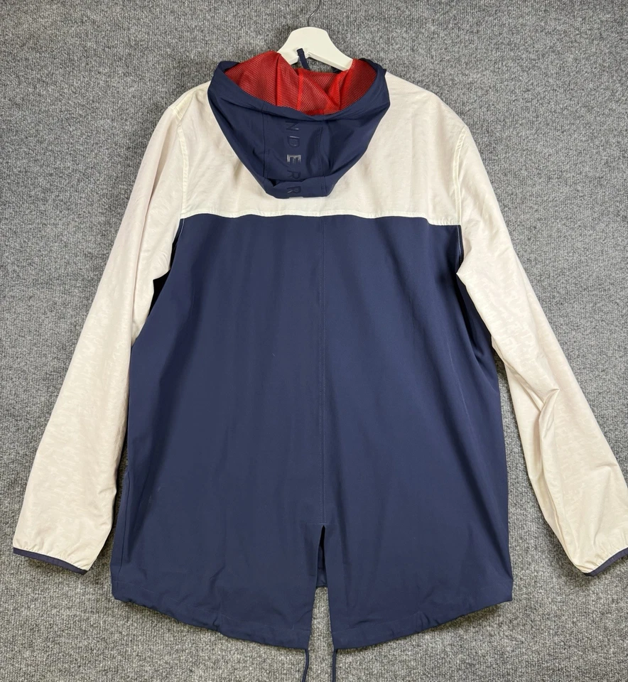UNDER ARMOUR Mens Red White Blue Hooded Sportstyle Fish Tail Rain Jacket Large - Image 2 of 4