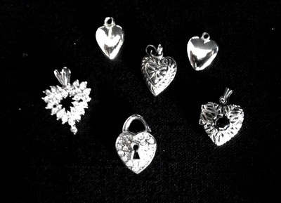 Lot of  6 Tiny Heart Charms/Pendants  2 Tested Silver 1 Locket 3 with Stones