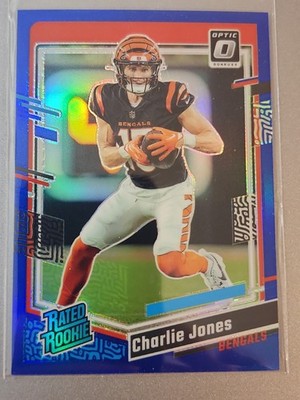 2023 Panini Donruss Optic CHARLIE JONES Rookie Blue Prizm RC #/199 Bengals #223