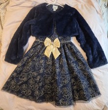 Rare Editions Girls Satin Party Holiday Dress, 2-Piece Set Navy Gold 16 Bolero