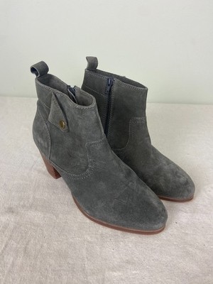 Diba Women's Size 8 Gray Suede Booties Block Heel Side Zip Snap Career Chic