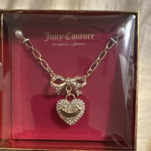 Juicy Couture Gold Tone Link Chain Necklace Clear Crystal Pavé Bow Heart Charm