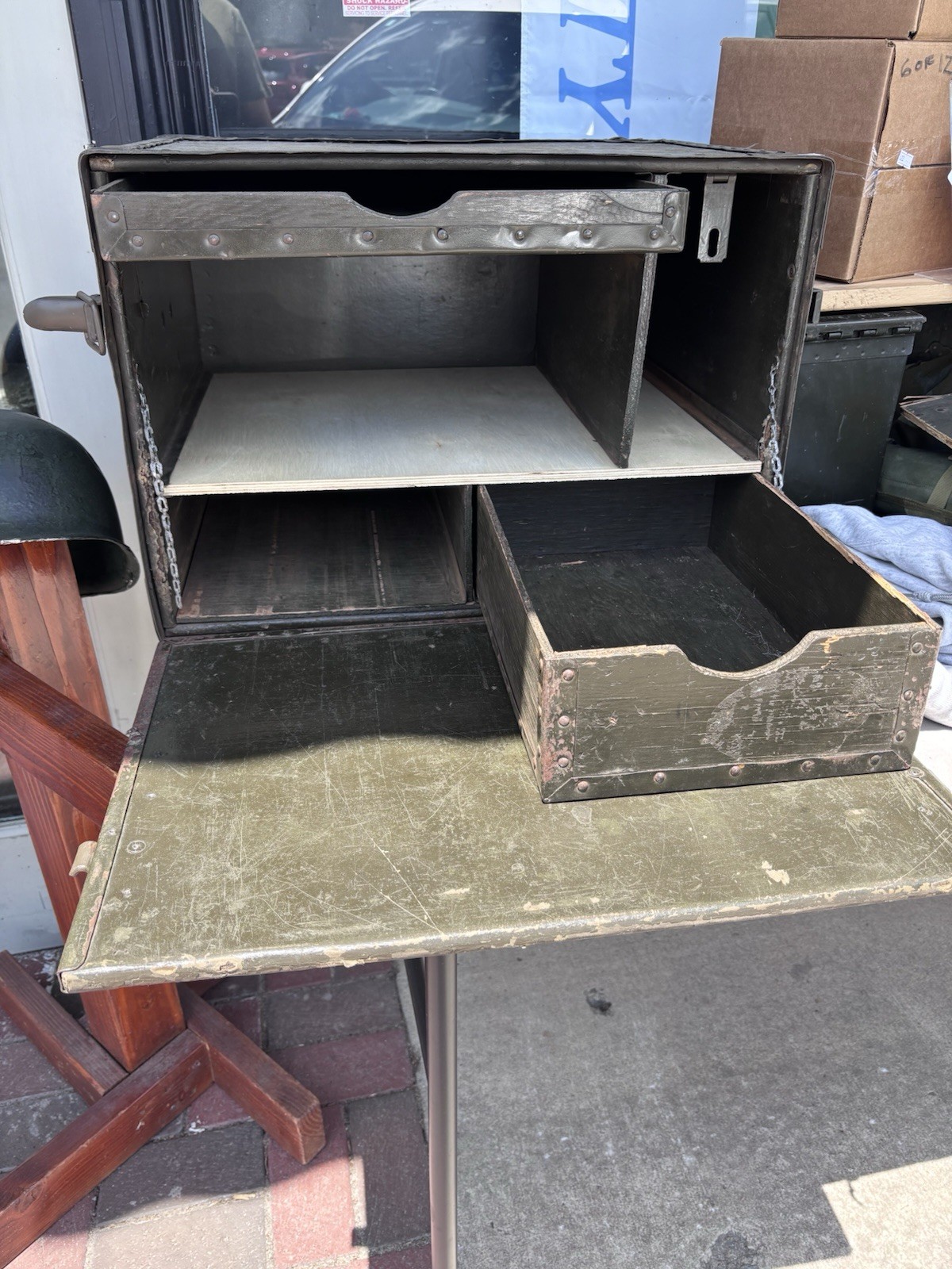 Vintage Military Field Desk Wood Metal Box WWII Style Storage Chest