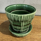 McCoy USA Green Glazed Ceramic Ribbed Round Planter Pot w/ Attached Saucer 3.5” — photo 1