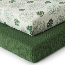 Blissful Diary Muslin Crib Sheets 2 Pack, Monstera Dark Green